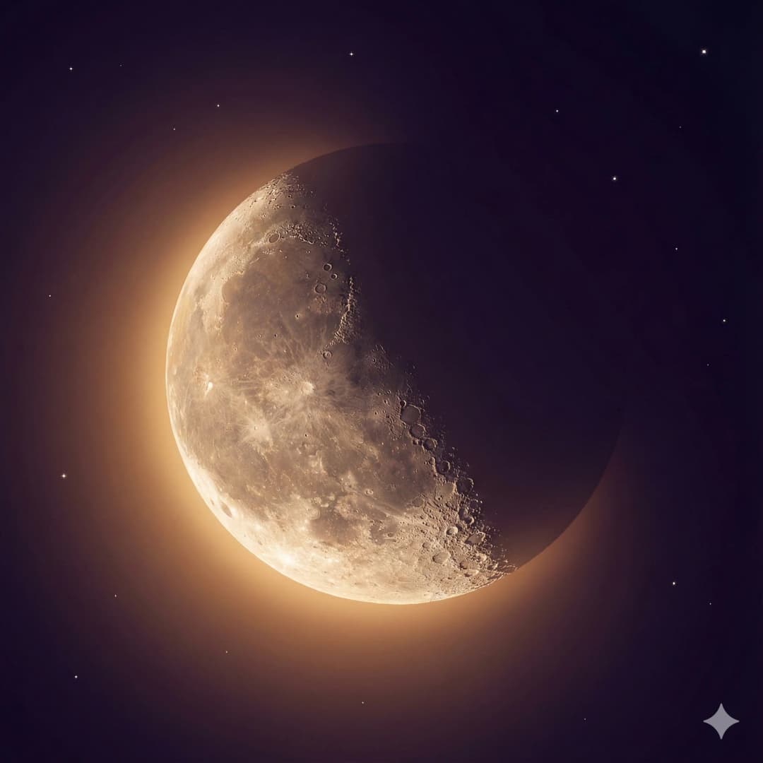 Mystical crescent moon with golden glow